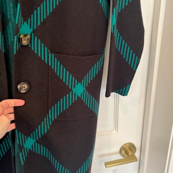 Ann Taylor Long Cardigan Sweater Coat – Black & Teal Plaid - Size XXS - Picture 5 of 5